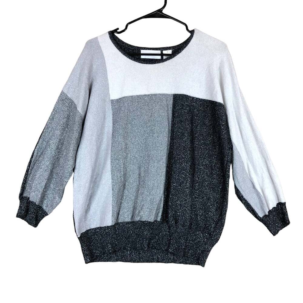 Alfred Dunner Womens Sweater Gray Black White Metallic Crew Long Sleeve Large